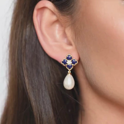 Flower Clover Pearl Drop Earrings Lapis Lazuli Gold