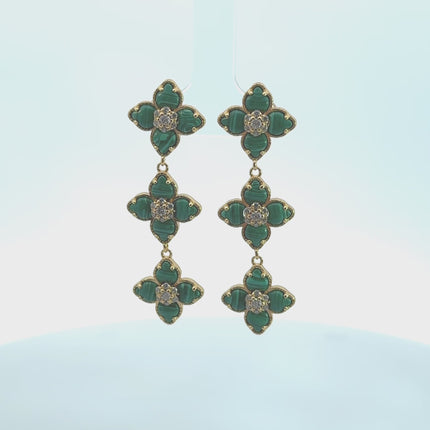 Flower Clover Triple Drop Earrings Malachite Gold