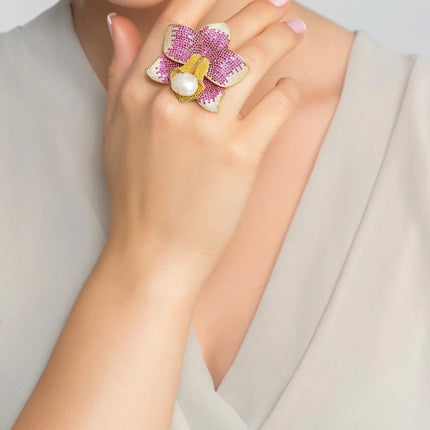 Daffodil With Pearl Cocktail Ring Gold Ruby CZ