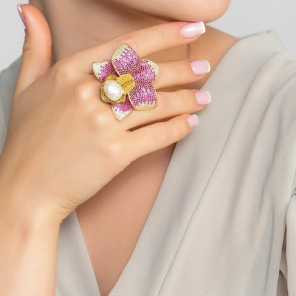 Daffodil With Pearl Cocktail Ring Gold Ruby CZ