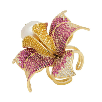 Daffodil With Pearl Cocktail Ring Gold Ruby CZ