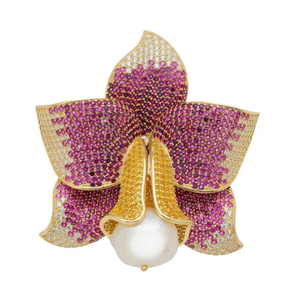 Daffodil With Pearl Cocktail Ring Gold Ruby CZ