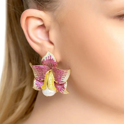 Daffodil With Pearl Earrings Gold Ruby CZ