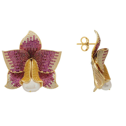 Daffodil With Pearl Earrings Gold Ruby CZ