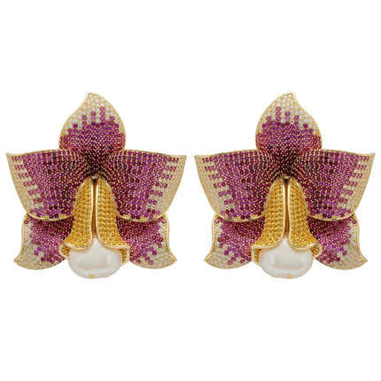 Daffodil With Pearl Earrings Gold Ruby CZ