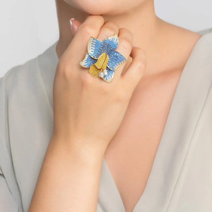 Daffodil With Pearls Cocktail Ring Gold Sapphire CZ