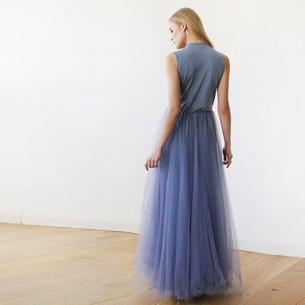 Dusty Blue Maxi Tulle Sleeveless Dress 1076