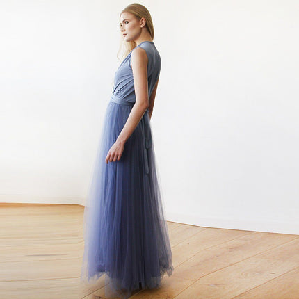 Dusty Blue Maxi Tulle Sleeveless Dress 1076