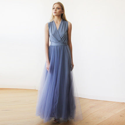 Dusty Blue Maxi Tulle Sleeveless Dress 1076