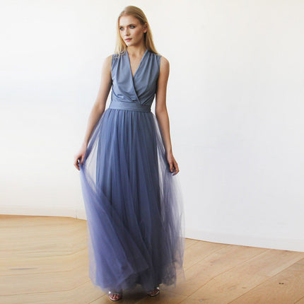 Dusty Blue Maxi Tulle Sleeveless Dress 1076