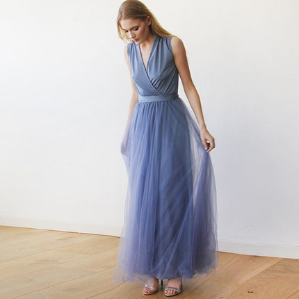 Dusty Blue Maxi Tulle Sleeveless Dress 1076