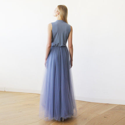 Dusty Blue Maxi Tulle Sleeveless Dress 1076