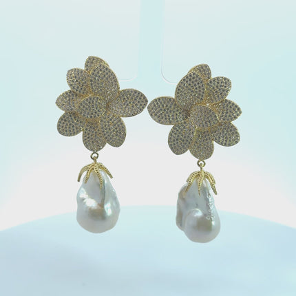 Amaryllis Flower Baroque Pearl Drop Earrings White Gold