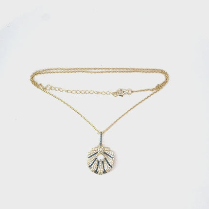 Art Deco Scallop Shell Pendant Necklace Sapphire Blue With Pearl Gold