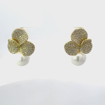 Iris Flower and Pearl Dangle Earrings Gold