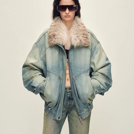 Firelady Fur Women's Denim Parka With SAGAFURS Fox Fur Collar "Warm Mist Glass"