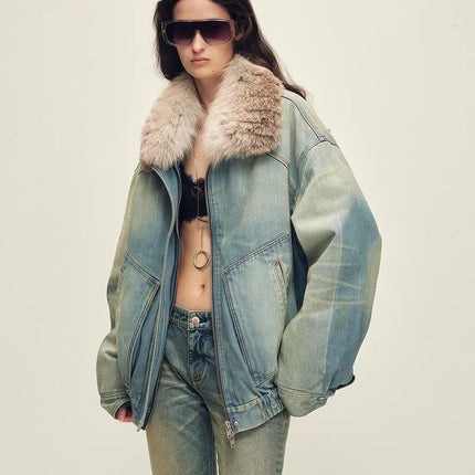 Firelady Fur Women's Denim Parka With SAGAFURS Fox Fur Collar "Warm Mist Glass"
