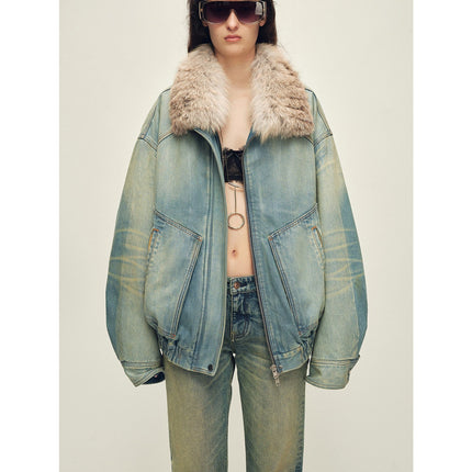 Firelady Fur Women's Denim Parka With SAGAFURS Fox Fur Collar "Warm Mist Glass"