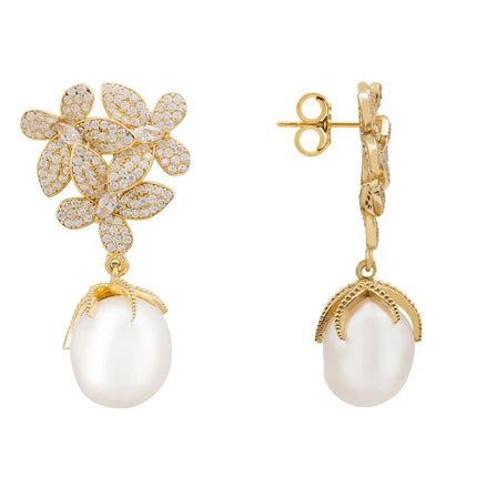 Flowers Pearl Earrings Gold White