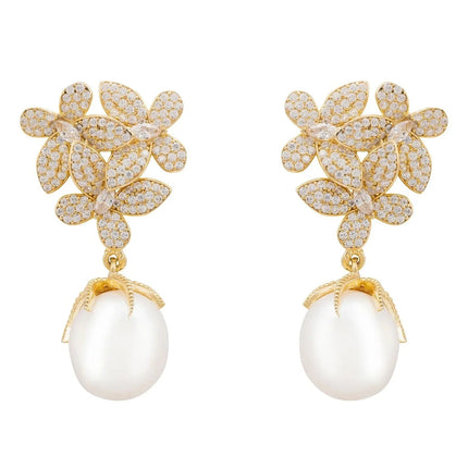 Flowers Pearl Earrings Gold White