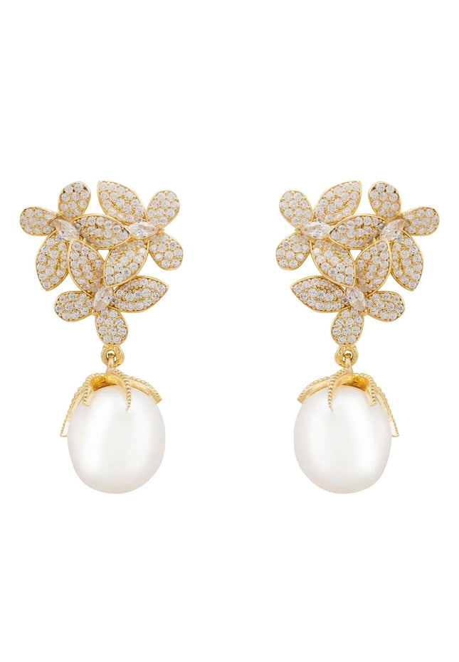 Flowers Pearl Earrings Gold White