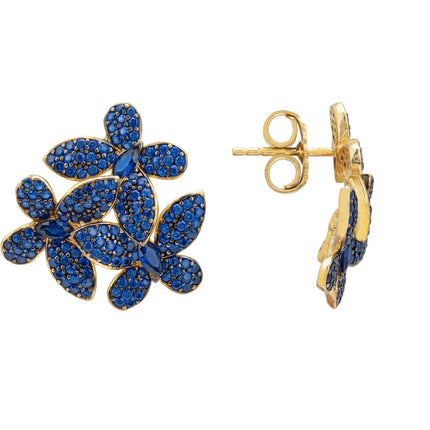 Flowers Large Stud Earrings Sapphire Blue Gold