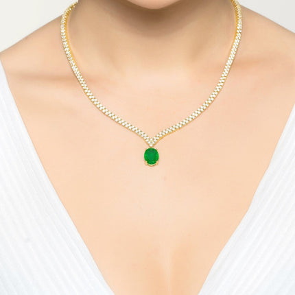 Garbo Oval Gemstone Tennis Necklace Emerald Gold