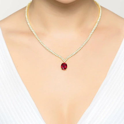 Garbo Oval Gemstone Tennis Necklace Ruby Gold