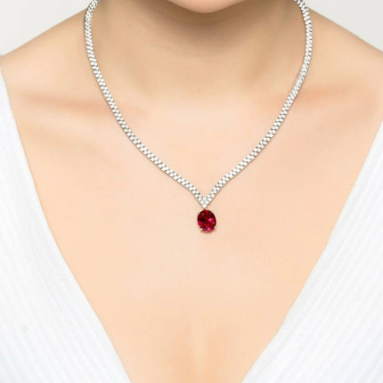Garbo Oval Gemstone Tennis Necklace Ruby Silver