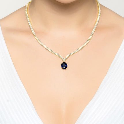Garbo Oval Gemstone Tennis Necklace Sapphire Gold