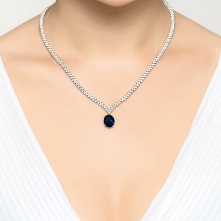 Garbo Oval Gemstone Tennis Necklace Sapphire Silver