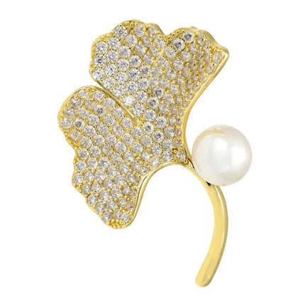 Ginkgo Leaf and Pearl Brooch Gold