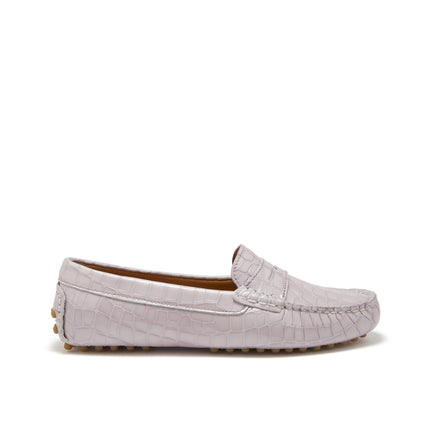 Women's Penny Driving Loafers, Lilac Croc Print Patent Leather