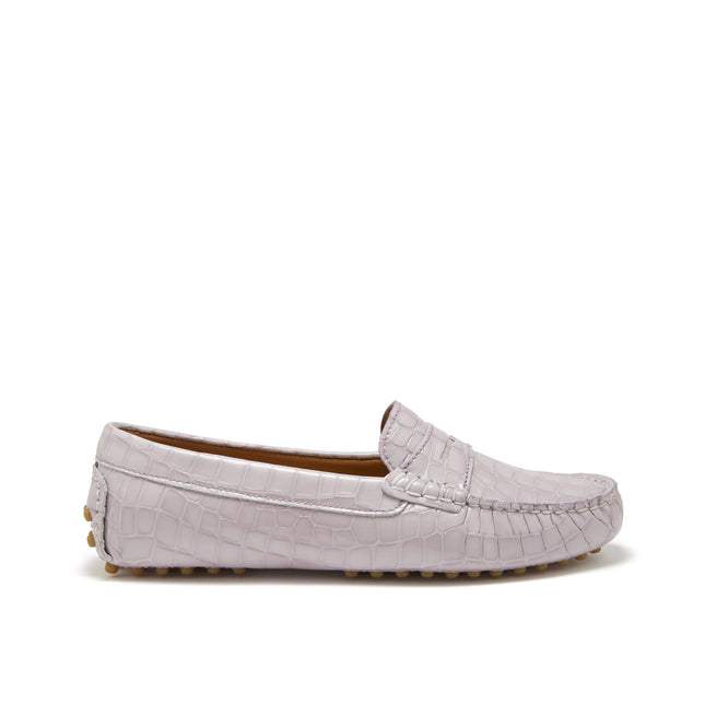 Women's Penny Driving Loafers, Lilac Croc Print Patent Leather