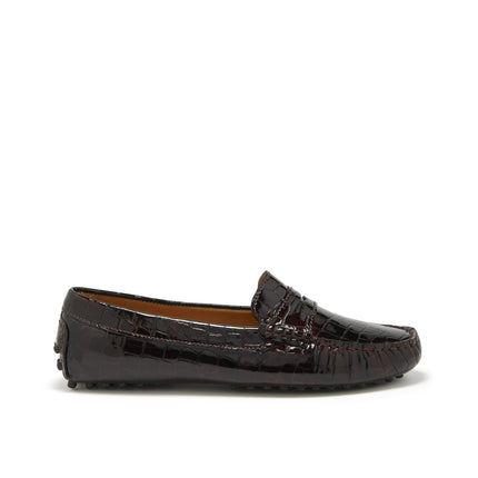 Women's Penny Driving Loafers, Brown Croc Print Patent Leather