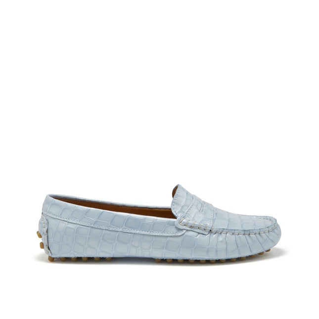 Women's Penny Driving Loafers, Powder Blue Print Patent Leather