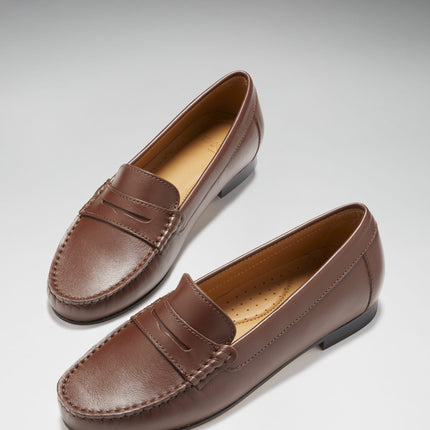 Women's Penny Loafers Leather Sole, Brown Leather