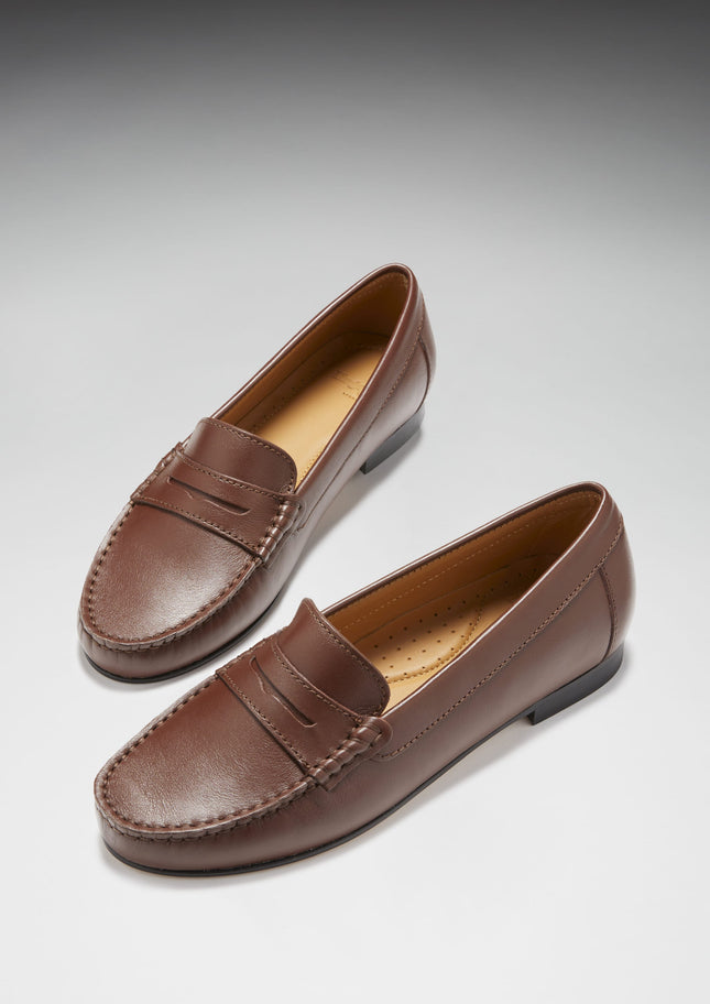 Women's Penny Loafers Leather Sole, Brown Leather
