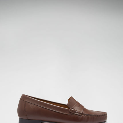 Women's Penny Loafers Leather Sole, Brown Leather