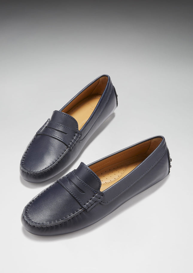 Women's Penny Driving Loafers, Navy Blue Leather