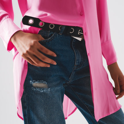 Long Sleeve Satin Button Front Shirt in Pink