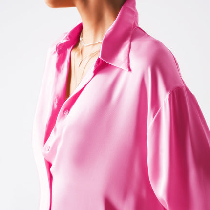 Long Sleeve Satin Button Front Shirt in Pink
