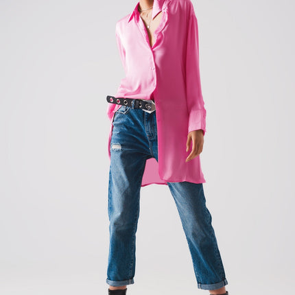 Long Sleeve Satin Button Front Shirt in Pink