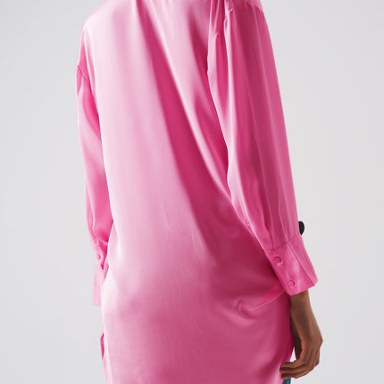 Long Sleeve Satin Button Front Shirt in Pink