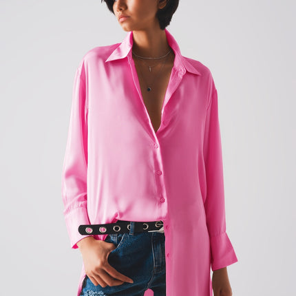 Long Sleeve Satin Button Front Shirt in Pink