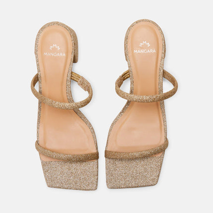 Maiate Gold Textile Mules – 4cm Low Block Heel Slip-On