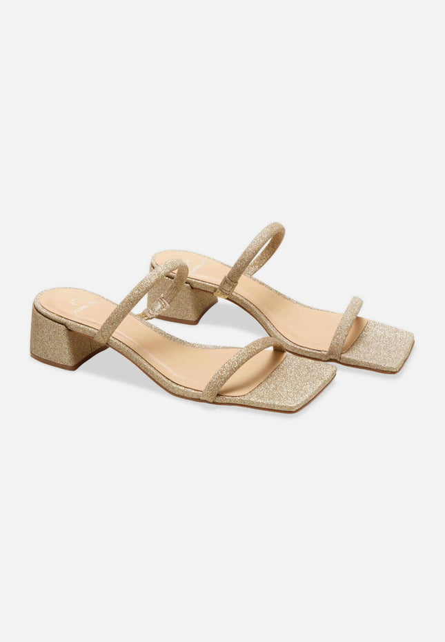 Maiate Gold Textile Mules – 4cm Low Block Heel Slip-On