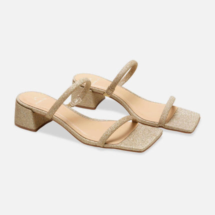 Maiate Gold Textile Mules – 4cm Low Block Heel Slip-On