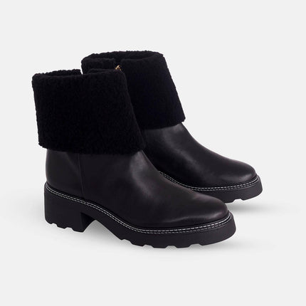 Andira Black Leather Ankle Boots – 5cm Block Heel Shearling Lug Sole