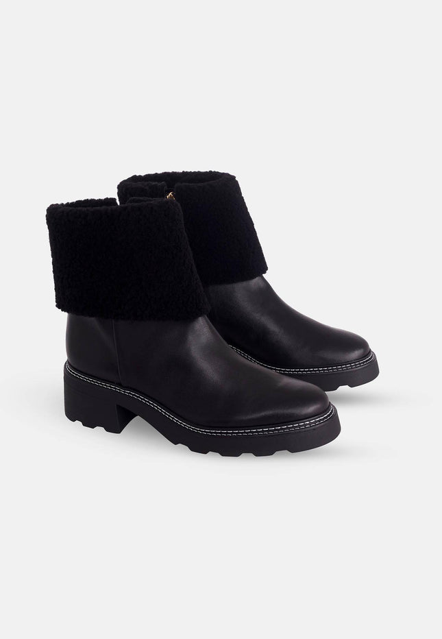 Andira Black Leather Ankle Boots – 5cm Block Heel Shearling Lug Sole